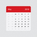 Calendar May 2019 Clean Minimal Table Simple Design. Week Starts on Monday.