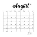 August. Monthly calendar for 2020 year