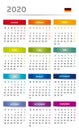 2020 Calendar with Boxes in Rainbow Colors 4 Trimesters - 3 Columns - German Language with Flag