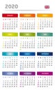 2020 Calendar with Boxes in Rainbow Colors 4 Trimesters - 3 Columns - English Language with Flag