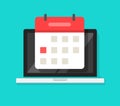 Calendar or agenda on laptop computer screen vector icon, flat cartoon online organizer app on pc display with event