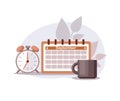 Calendar, alarm clock and mug for planning of the morning, time management