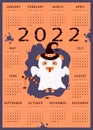 Calendar for 2022 with animal tiger. The character is a Halloween ghost with a witch hat and spiders. Tiger symbol of