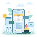 Calendar app with reminder, schedule time management in smartphone of tiny person