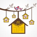 Calendar of April 2014 with birds sit on branch Royalty Free Stock Photo