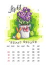 2022 Calendar April. Funny cartoon floral, flowers, flowerpot, easter eggs, bow