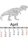 Calendar April month 2019. Antistress coloring of prehistoric animal, dragon, dinosaur. raster