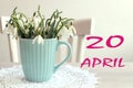 Calendar for April 20: the name of the month April in English, the numbers 20, a bouquet of snowdrops on the background of a