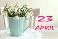 Calendar for April 23: the name of the month April in English, the numbers 23, a bouquet of snowdrops on the background of a