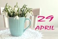 Calendar for April 29: the name of the month April in English, the numbers 29, a bouquet of snowdrops on the background of a