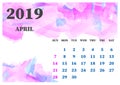 Calendar April 2019 watercolor vector illustration. Layers group