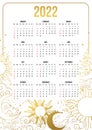 Calendar for 2022 with astrological boho design, golden sun, moon and stars on a white background. Week starts on Sunday