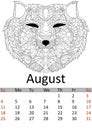 Calendar august month 2019. Antistress coloring fox head, wolf. Wild animal patterns. Raster Royalty Free Stock Photo