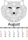 Calendar august month 2019. Antistress coloring fox head, wolf. Wild animal patterns. Vector Royalty Free Stock Photo