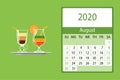 Calendar 2020. August monthly calendar decorated with cute coctails