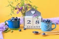 Calendar for August 28 :the name of the month of August in English, cubes with the number 28, blueberries in blue cups, bouquets Royalty Free Stock Photo