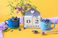 Calendar for August 2 :the name of the month of August in English, cubes with the numbers 0 and 2, blueberries in blue cups, Royalty Free Stock Photo