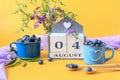 Calendar for August 4 :the name of the month of August in English, cubes with the numbers 0 and 4, blueberries in blue cups, Royalty Free Stock Photo