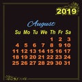 Calendar August doodle decor 2019 on black background