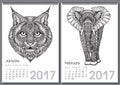 Calendar 2017. Beautiful ornate hand drawn animals