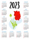 Calendar for 2023 with beautiful red poppy flower. Vector illustration. Vertical calendar template for 12 months in Royalty Free Stock Photo