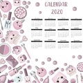 Calendar 2020. beauty and spa. Banner for a beauty salon or hairdresser. Lipstick, perfume, mascara, comb. Rosy tender color.