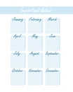 Calendar with birthdays and other events in a minimalist form. Universal blue stylish calendar of important dates