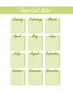 Calendar with birthdays and other events in a minimalist form. Universal green stylish calendar of important dates