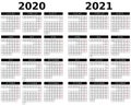 Calendar for 2020 and 2021. 2020 and 2021 black color calendar on white background. Week starts on Monday. Holidays in red colour.