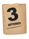 Calendar book page 3 September Old paper isolated Royalty Free Stock Photo