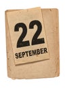 Calendar book page 22 September Old paper isolated Royalty Free Stock Photo