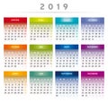 2019 Calendar with Boxes in Rainbow Colors 4 Columns - French