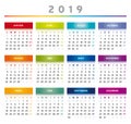 2019 Calendar with Boxes in Rainbow Colors 4 Columns - French