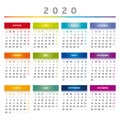 2020 Calendar with Boxes in Rainbow Colors 4 Columns - French