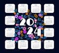 2024 calendar with bright flowers. All month on one page, clockwise direction. Week starts on Sunday Royalty Free Stock Photo