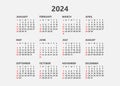 2024 Calendar. Calendar design in black and white colors, Sunday in red colors. Vector