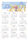 Calendar 2021. Calf, bull. Chinese New Year. Vector calendar, planner diary. Little calf dressed as Santa Claus.