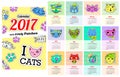 Calendar 2017 with cats. In cartoon 80s-90s comic style fashion patches