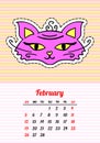 Calendar 2017 with cats. February. In cartoon 80s-90s comic style fashion