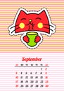 Calendar 2017 with cats. September. In cartoon 80s-90s comic style fashion patches, pins and stickers. Pop art vector