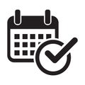 Calendar with check mark. Event planner icon. Meeting schedule icon. Appointment date symbol illustration.