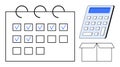 Calendar with checkmarks, calculator, and package box representing planning, budgeting, and organization Royalty Free Stock Photo