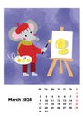 Children calendar 2020 for March, with main hero rat or mouse, a symbol of the new year. The week starts on Monday. Cartoon style