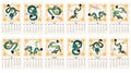 2024 calendar. Chinese green dragon. Cute New Year template. Printable month planner. Date grid. Vertical paper sheets