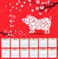 Calendar 2019 Chinese calendar for happy New Year 2019 year of the pig. Royalty Free Stock Photo