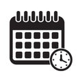 Calendar with clock icon. Calendar on the wall. Vector illustration. Royalty Free Stock Photo