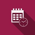 Calendar and clock icon isolated with long shadow.Schedule, appointment, organizer, timesheet, time management Royalty Free Stock Photo