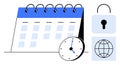Calendar with Clock, Padlock, and Globe Representing Time Management and Security Royalty Free Stock Photo