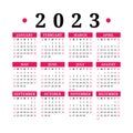 Calendar 2023. Color english square calender. January, February, March, April, May, June, July, August, September