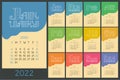 Calendar 2022. Colorful calender. Vector hand drawn design. Doodle English lettering collection. Hearts and lines